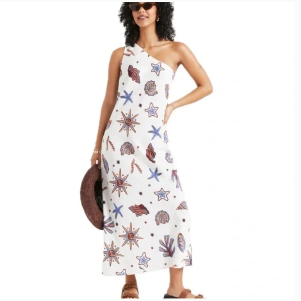 Linen Blend Shell Print One-Shoulder Nautical Sea… - image 1